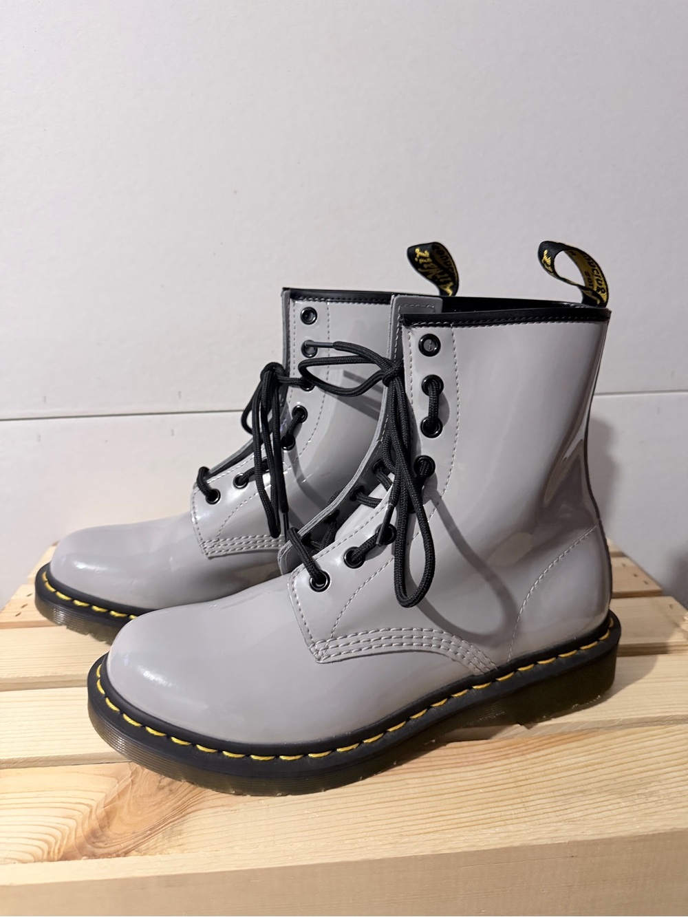Dr. Martens Patent Leather Gray Lace-Up Boots Women’s 8
